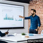 Home 22 스타트업 성장과 벤처 캐피탈 투자 - A professional startup pitch meeting in a modern co-working space, featuring a diverse group of entr...